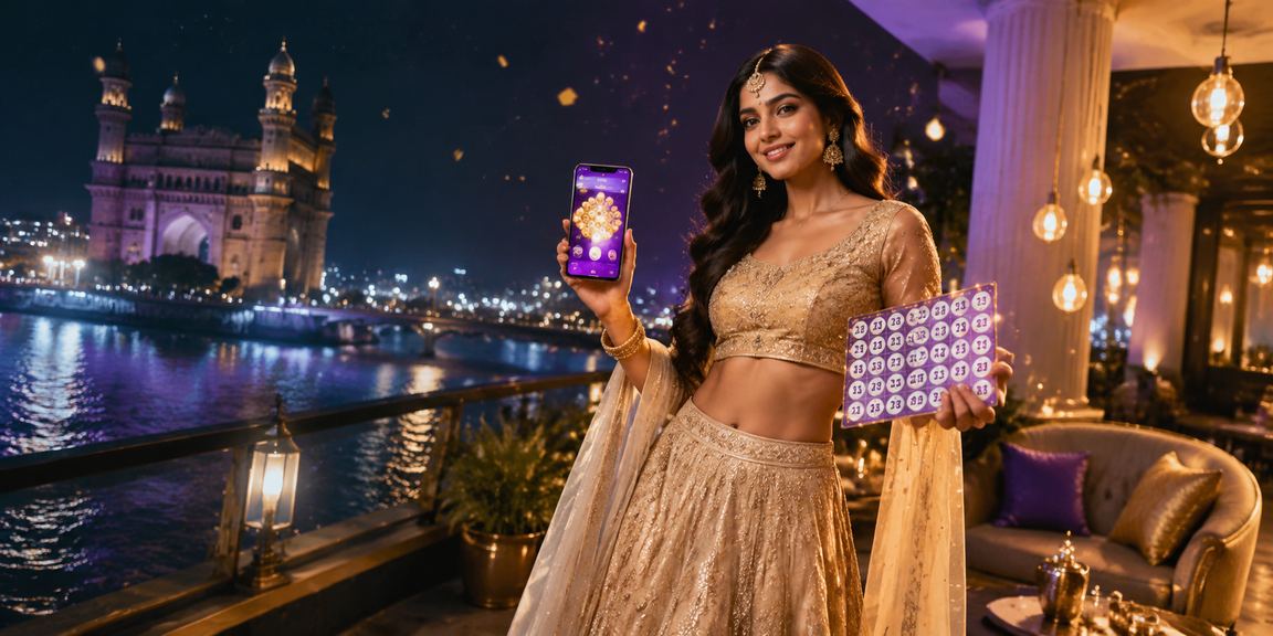 Indian woman holding lottery tickets with colorful lehenga dress