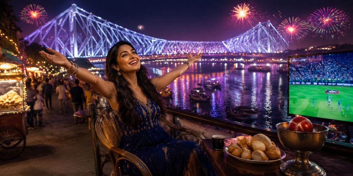 Kolkata Howrah Bridge with cricket betting night market
